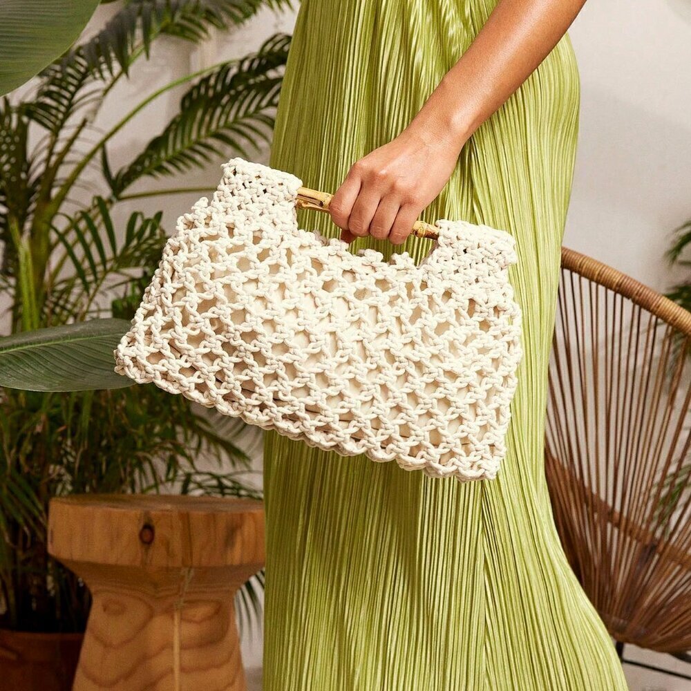 Beige Vacation Women's Woven Clutch Bag - Picture 1 of 6